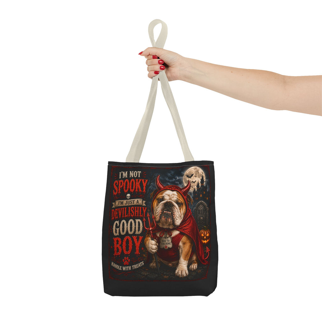 Halloween Bulldog Tote Bag — "I'm Not Spooky, I'm Just a Devilishly Good Boy"