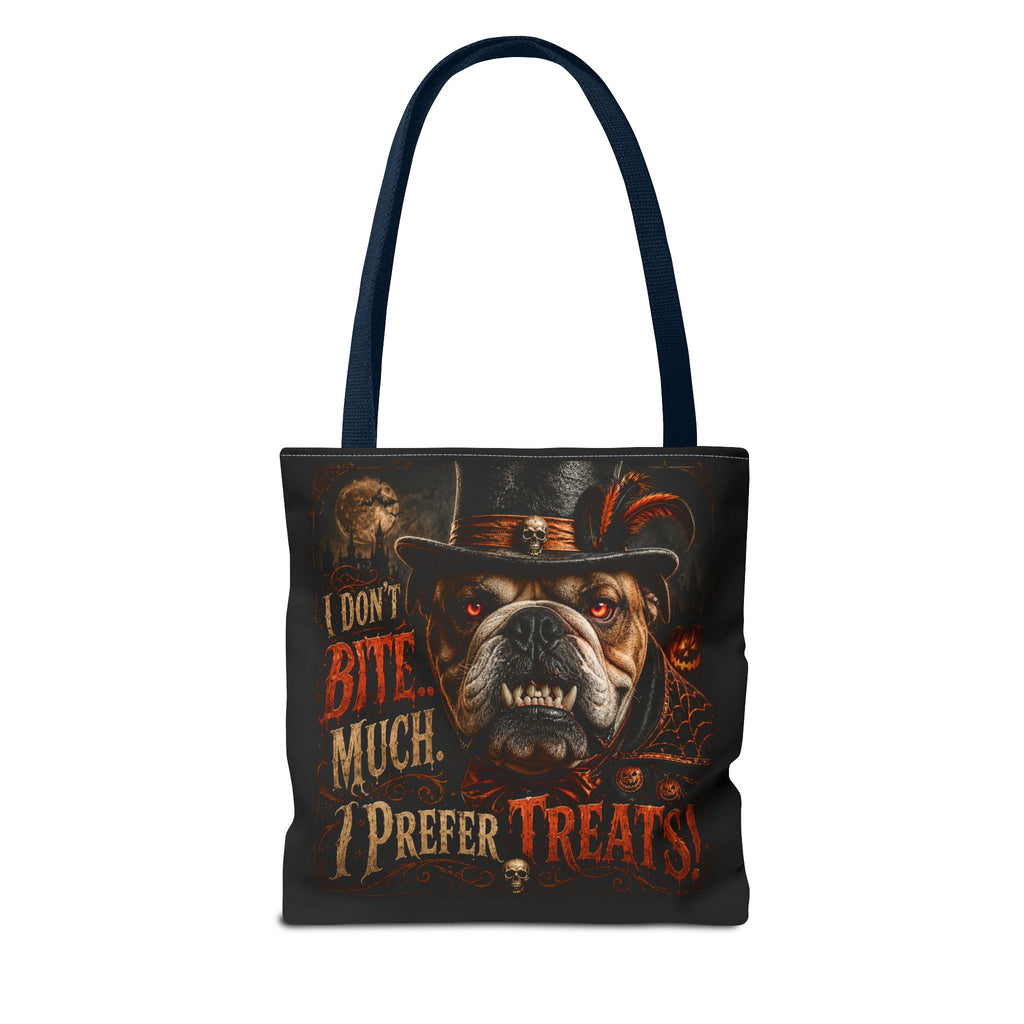 Halloween Bulldog Tote Bag — "I Don't Bite Much, I Prefer Treats" Candy‑Lovers Reusable Bag