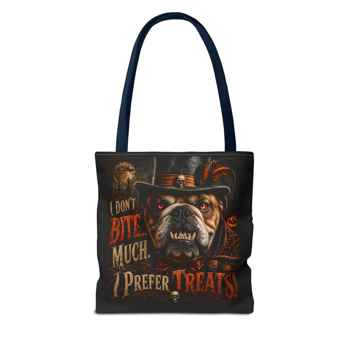 Halloween Bulldog Tote Bag — "I Don't Bite Much, I Prefer Treats" Candy‑Lovers Reusable Bag