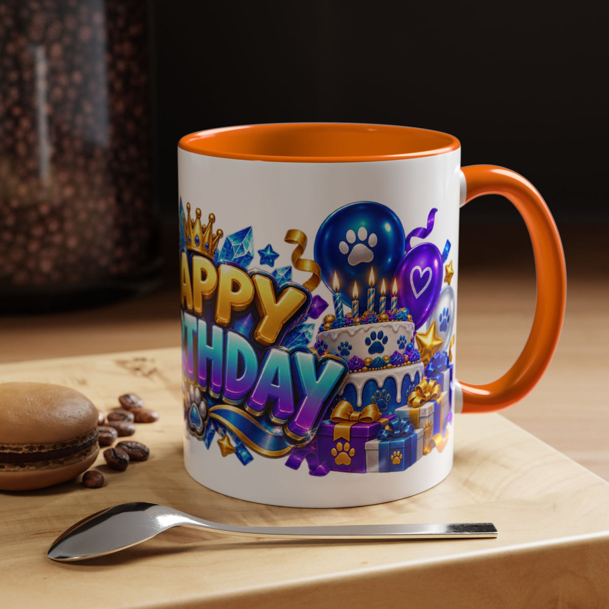 White Wolf Happy Birthday Mug – Blue Purple & Gold Birthday Gift – FestoraShop White Coffee Mug