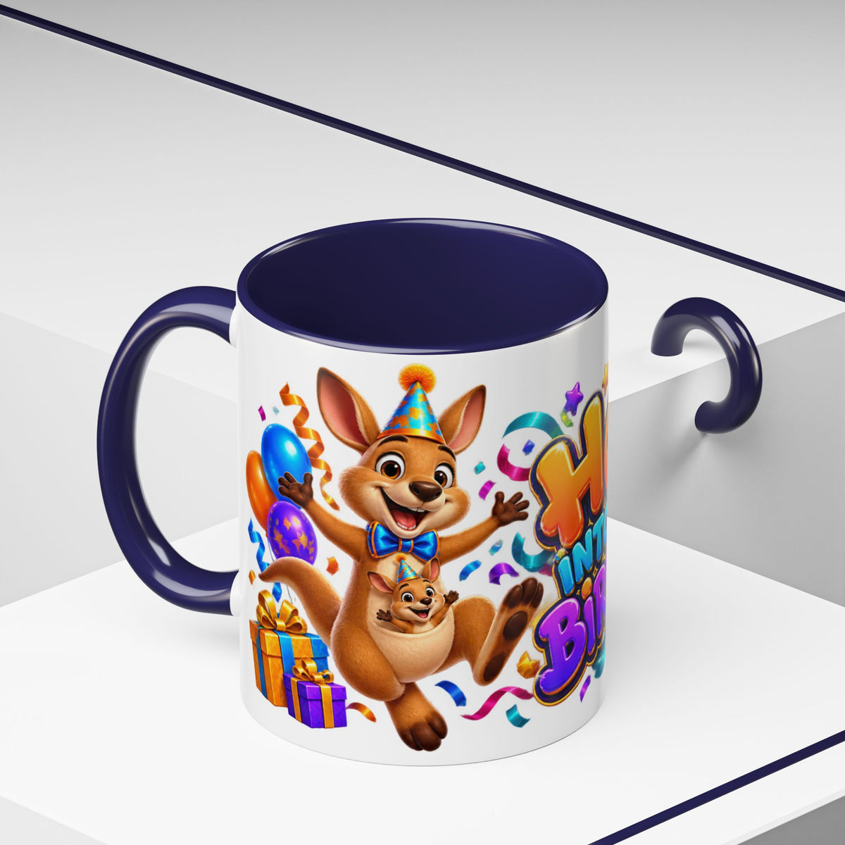 Hop Into Your Birthday White Mug – Cute Kangaroo Birthday Cup, Colorful Fun Party Gift