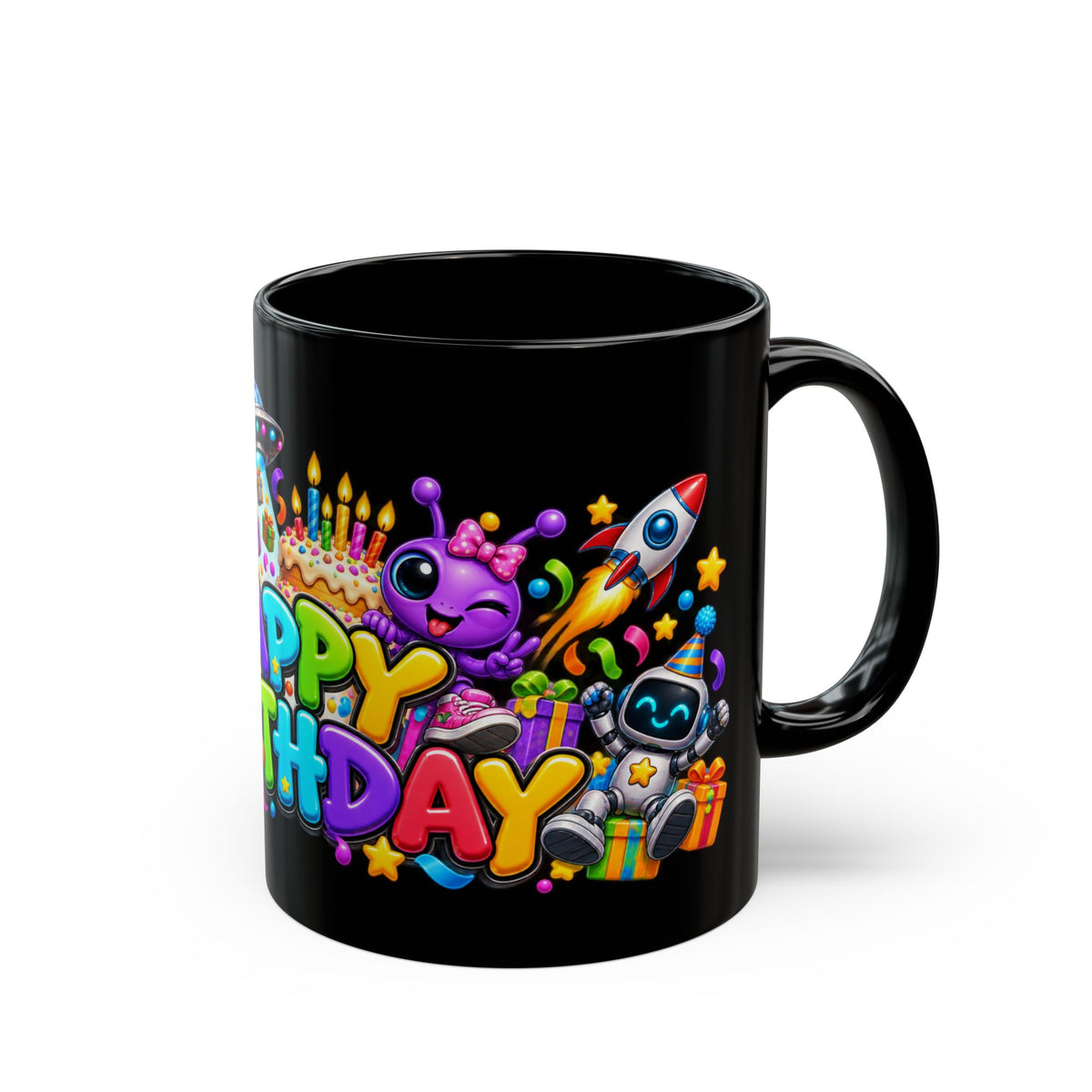 Happy Birthday Space Party Mug – Cute Aliens, Robots, UFO & Colorful 3D Birthday Design