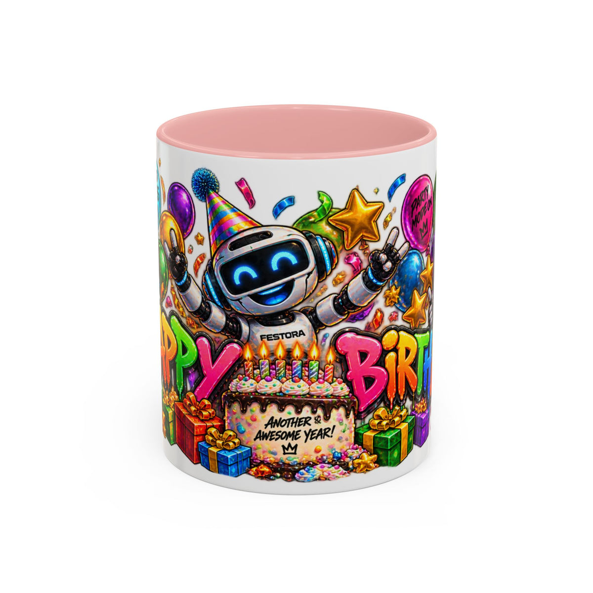 Birthday Robot Coffee Mug — Colorful Happy Birthday Accent Mug (11oz)