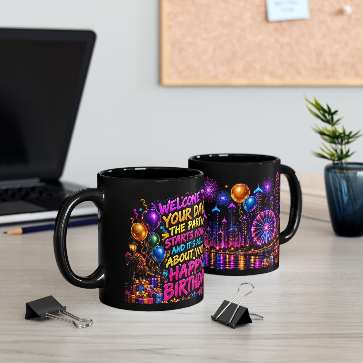 Happy Birthday Neon City Night Mug – Colorful Fireworks & Balloons