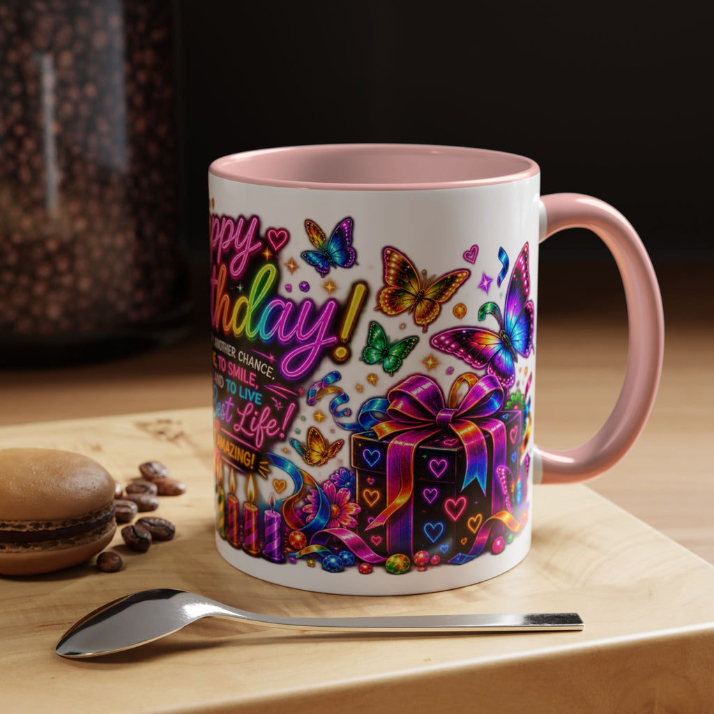 Birthday Coffee Mug – Colorful "Happy Birthday" Gift Mug with Butterflies & Candles