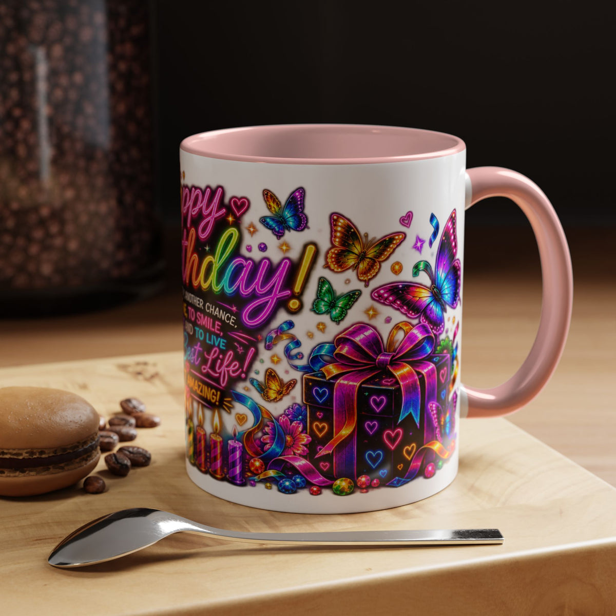 Birthday Coffee Mug – Colorful "Happy Birthday" Gift Mug with Butterflies & Candles
