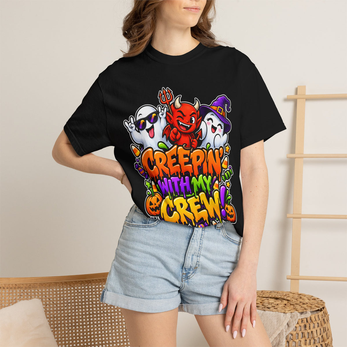 Creepin’ With My Crew Halloween T-Shirt – Colorful Funny Ghost & Devil Graphic Tee