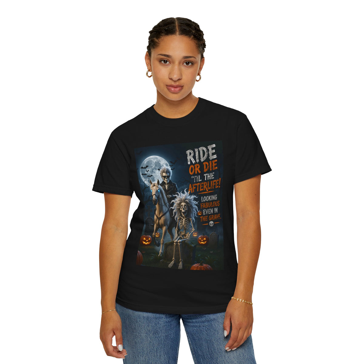Ride or Die 'Til the Afterlife T-Shirt — Halloween Skeleton Biker Graphic Tee