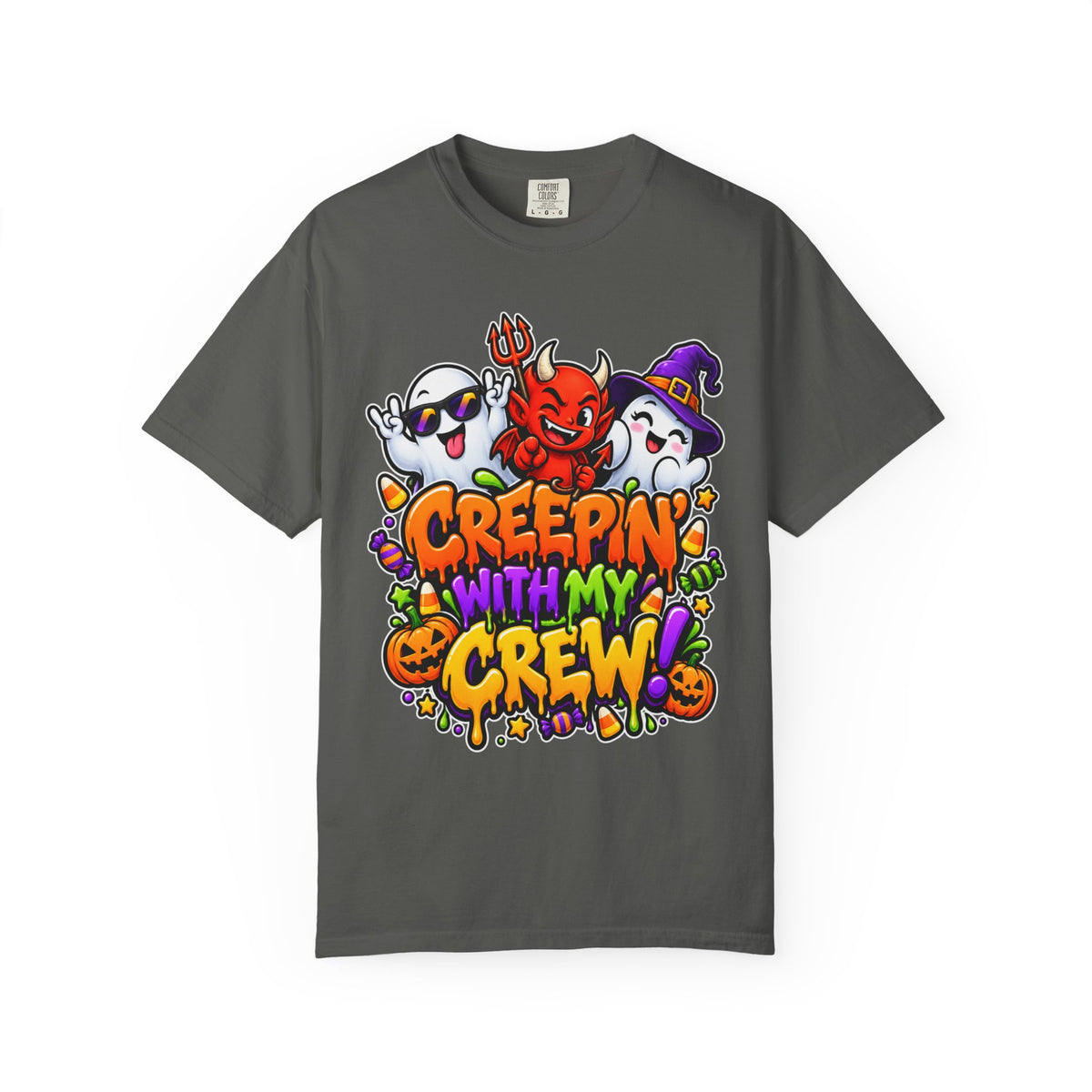 Creepin’ With My Crew Halloween T-Shirt – Colorful Funny Ghost & Devil Graphic Tee