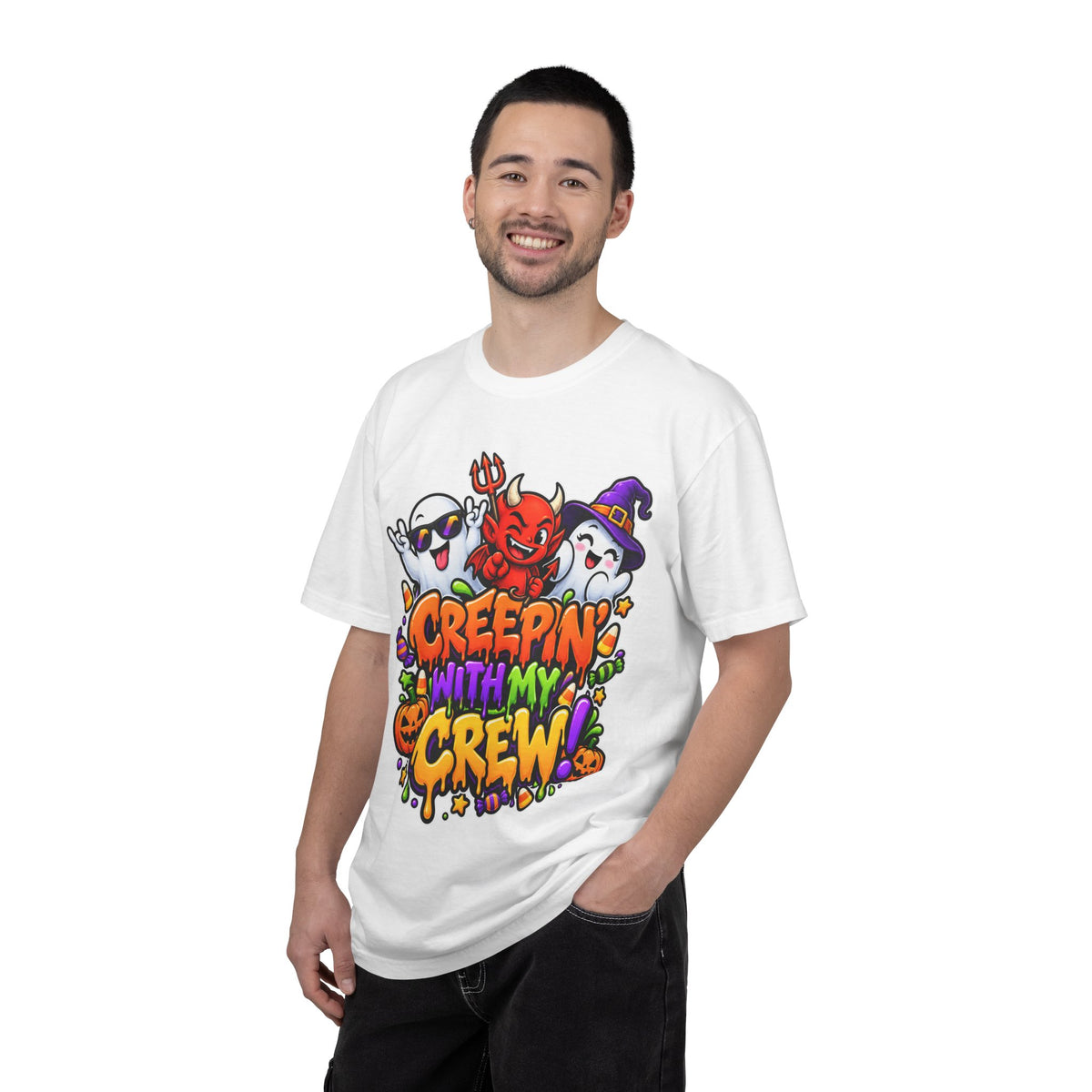 Creepin’ With My Crew Halloween T-Shirt – Colorful Funny Ghost & Devil Graphic Tee