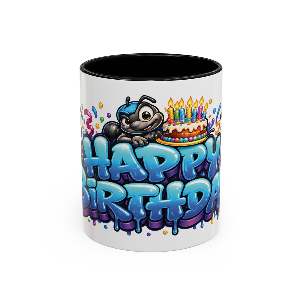 Happy Birthday Cartoon Mug – Graffiti Ants, Birthday Cake, Balloons & Confetti Coffee Cup