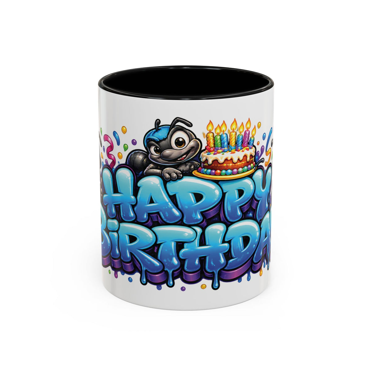 Happy Birthday Cartoon Mug – Graffiti Ants, Birthday Cake, Balloons & Confetti Coffee Cup