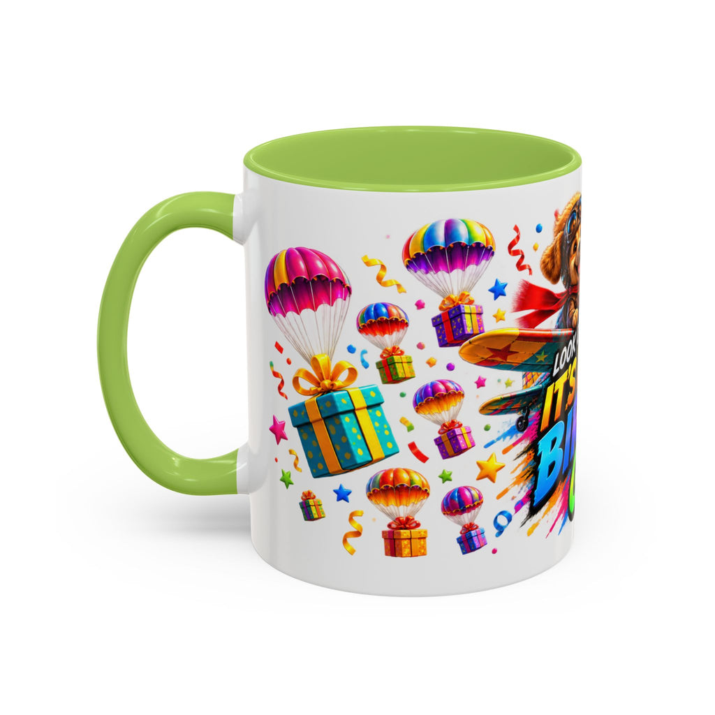 Birthday Gifts Coffee Mug — "It's Raining Birthday Gifts!" Colorful Accent Mug