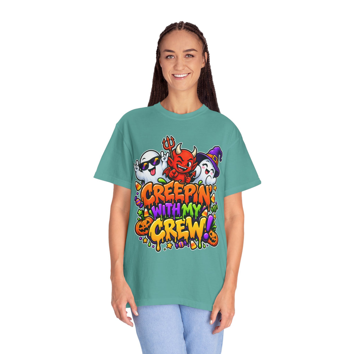 Creepin’ With My Crew Halloween T-Shirt – Colorful Funny Ghost & Devil Graphic Tee