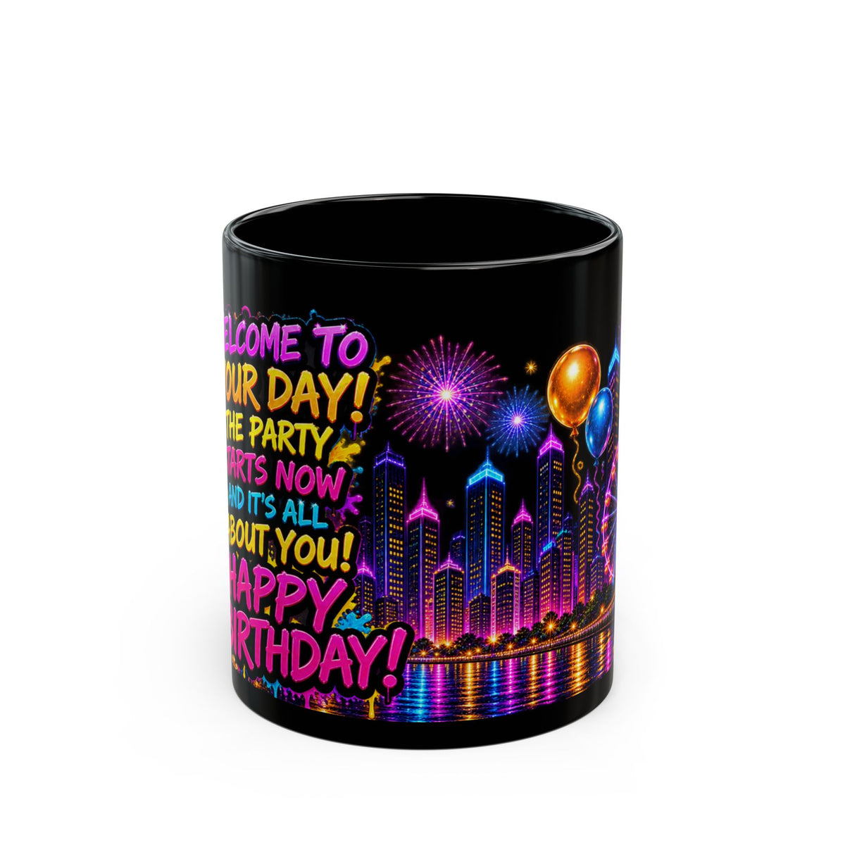 Happy Birthday Neon City Night Mug – Colorful Fireworks & Balloons