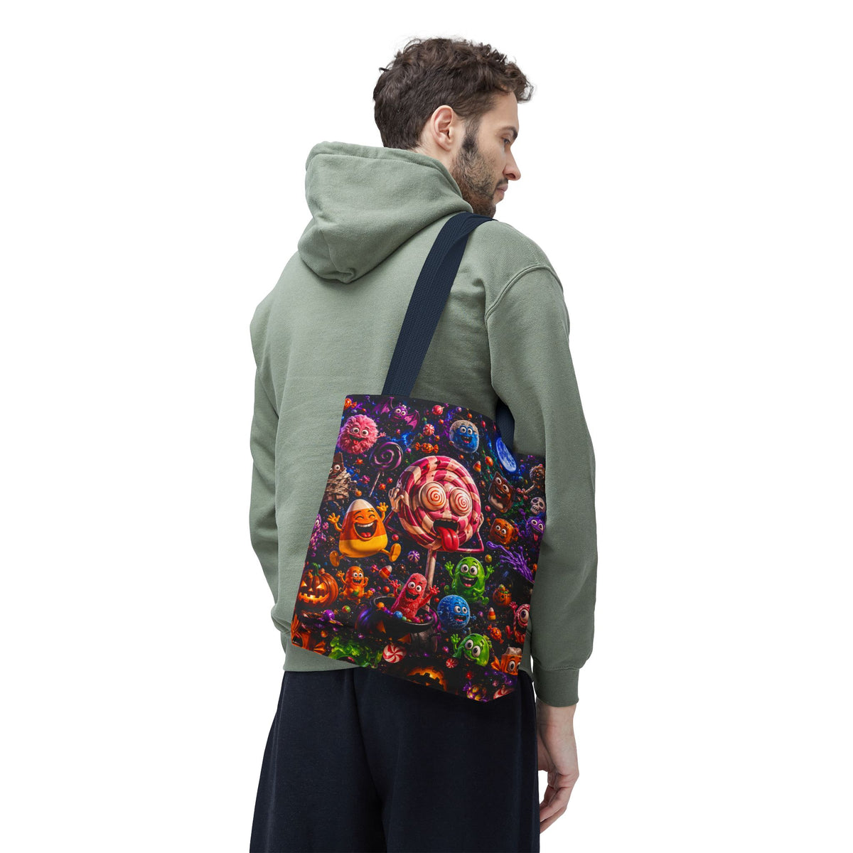 Crazy Halloween Candy Monsters Tote Bag — Colorful 3D Lolipop & Treats Design