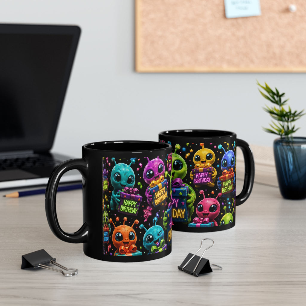 Happy Birthday Alien Mug — Cute Colorful Black Birthday Coffee Cup