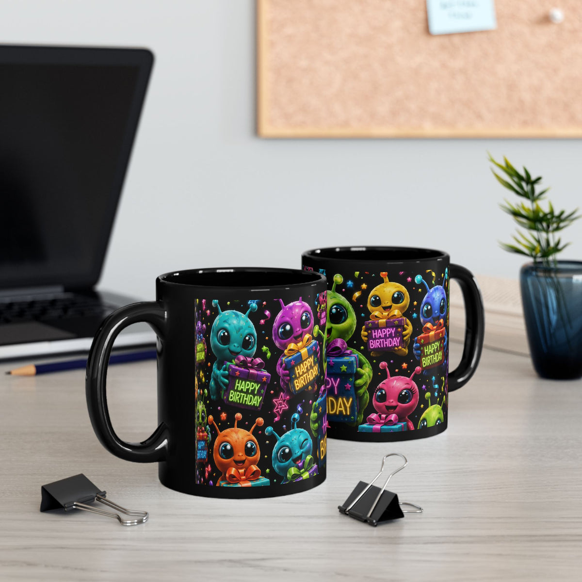 Happy Birthday Alien Mug — Cute Colorful Black Birthday Coffee Cup