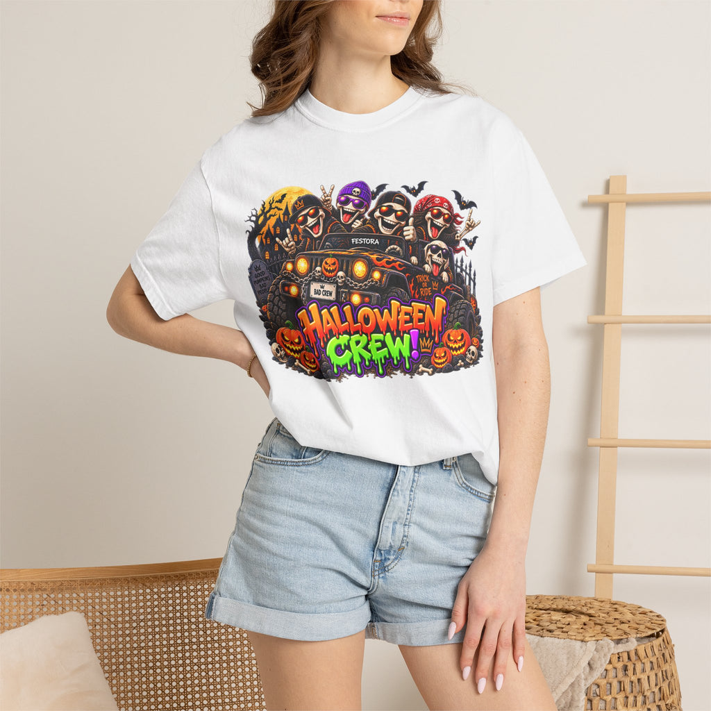 Halloween Crew T-Shirt – Skeleton Jeep Spooky Graphic Tee