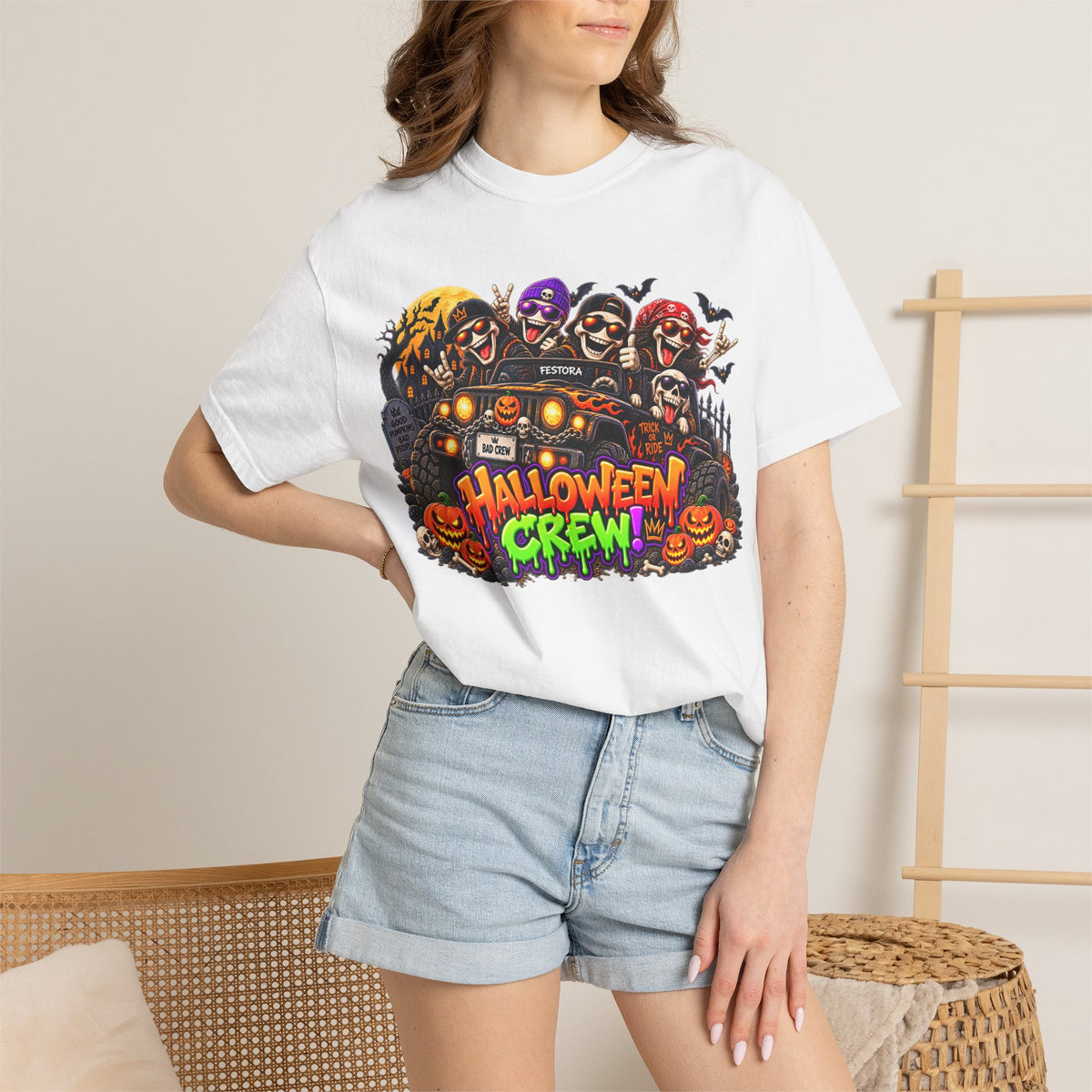 Halloween Crew T-Shirt – Skeleton Jeep Spooky Graphic Tee