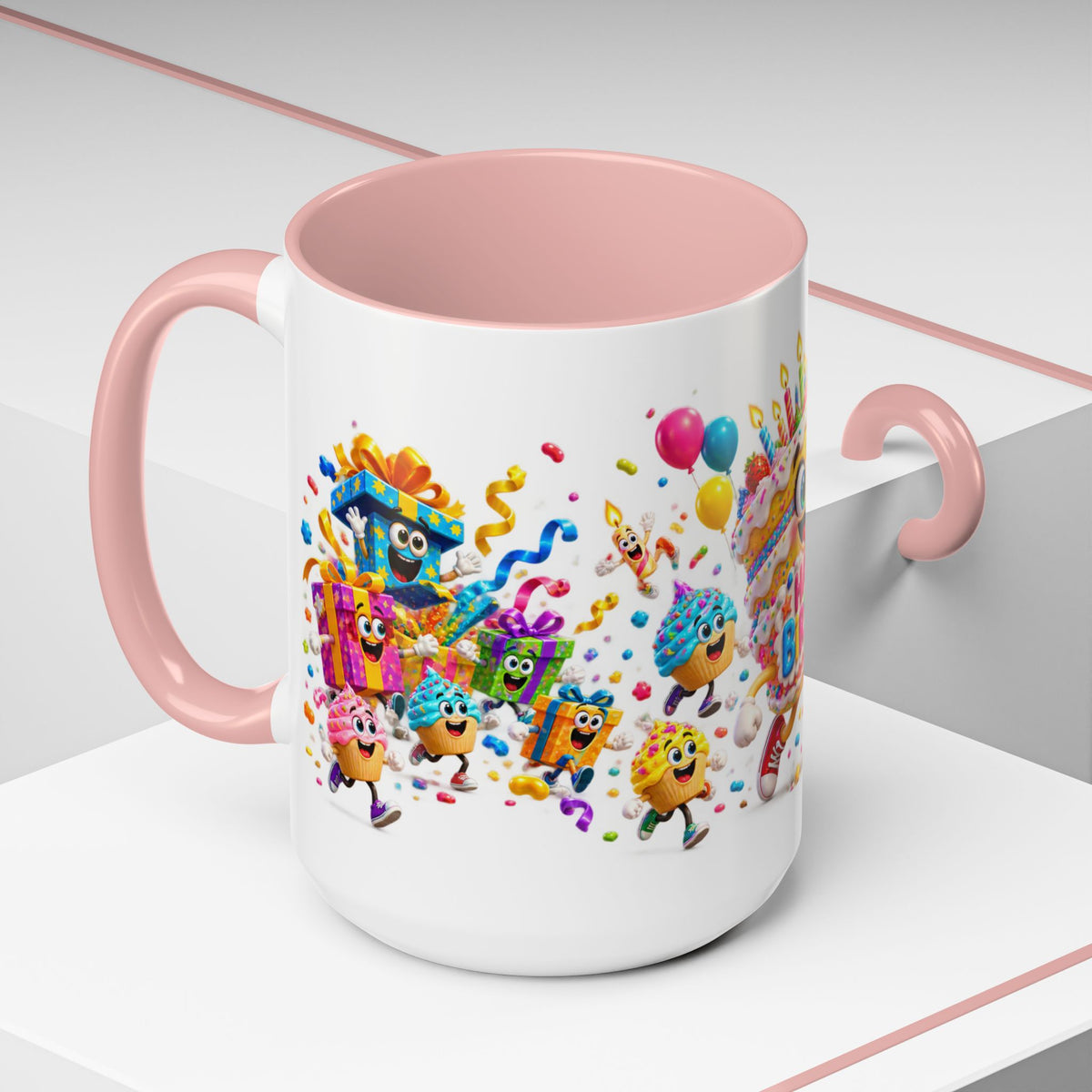 Birthday Party Coffee Mug – Colorful Happy Birthday Cake & Balloon Design (11/15oz Accent Mug)