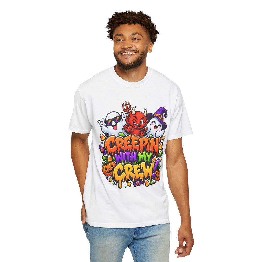 Creepin’ With My Crew Halloween T-Shirt – Colorful Funny Ghost & Devil Graphic Tee
