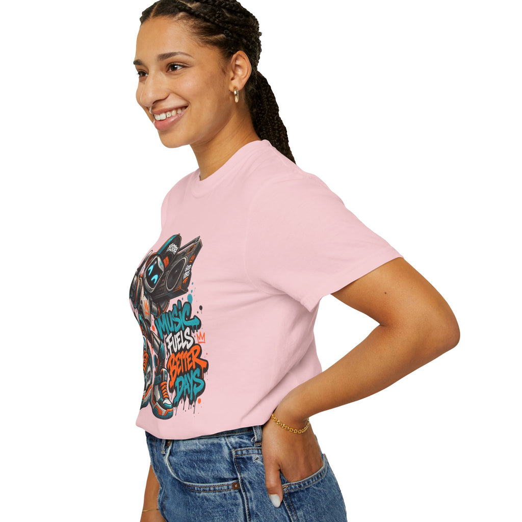 Music Fuels Better Days T-Shirt — Retro Robot Boombox Streetwear