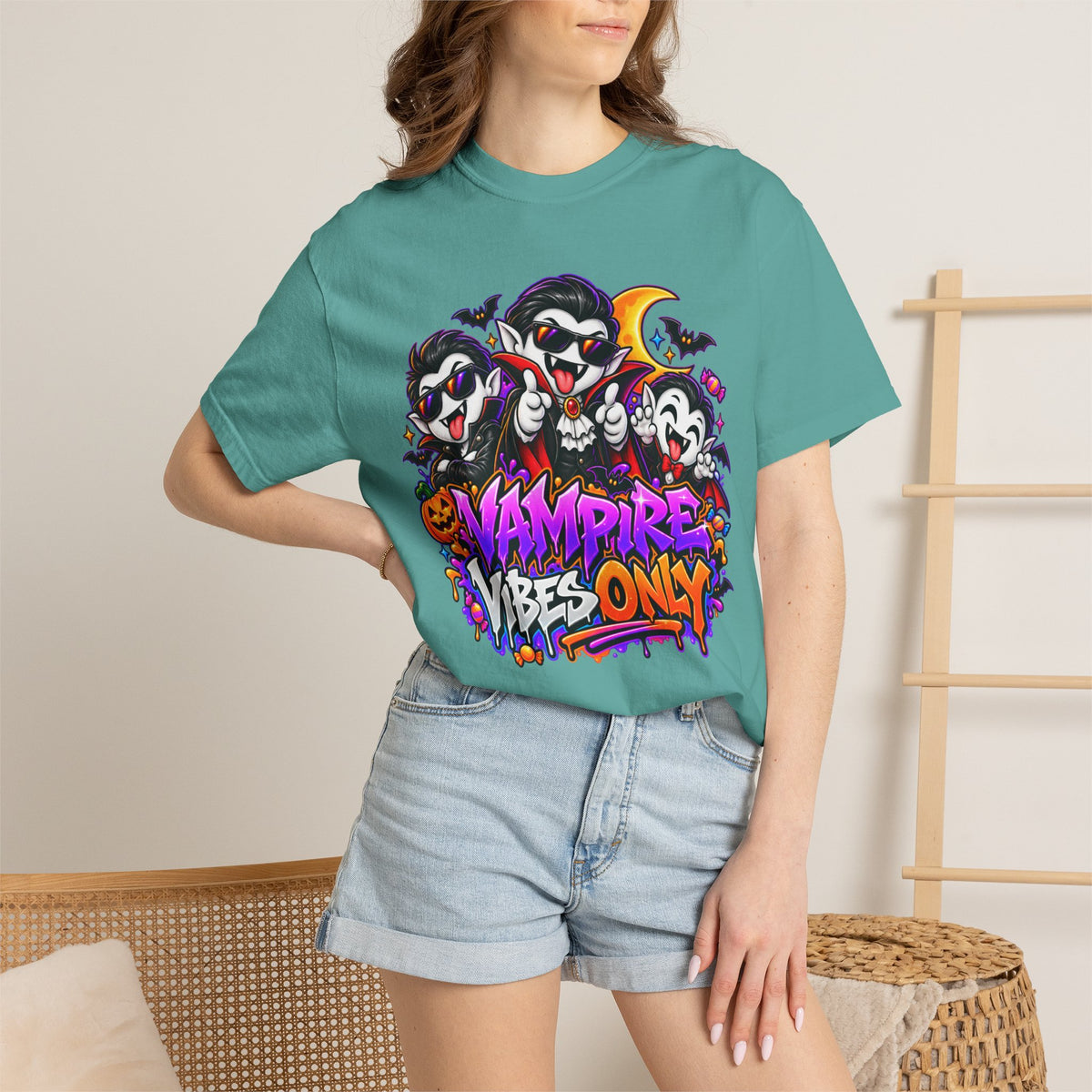 Neon Vampire Vibes Halloween Unisex Garment-Dyed T-Shirt Featuring a Cool Festora Vampire Crew