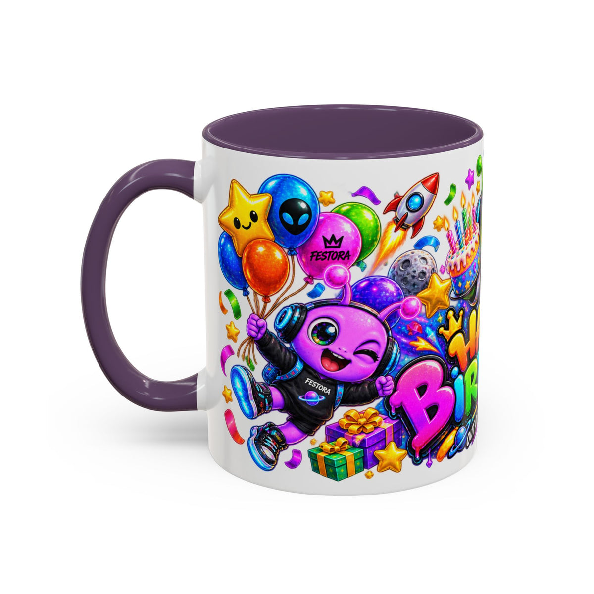 Happy Birthday Out of This World Accent Mug — Cute Alien Space Birthday Coffee Cup (11oz)