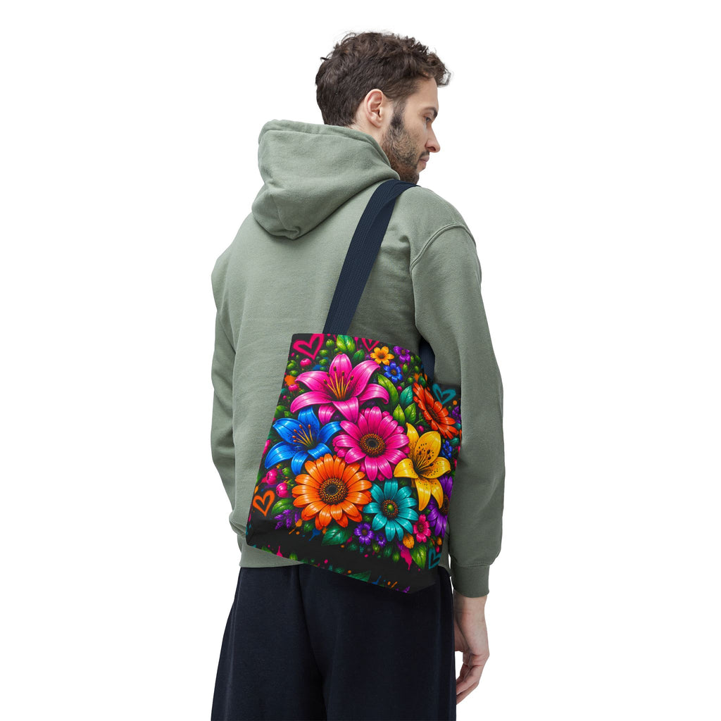 Festora Floral Burst Tote Bag — Colorful Flowers on Black