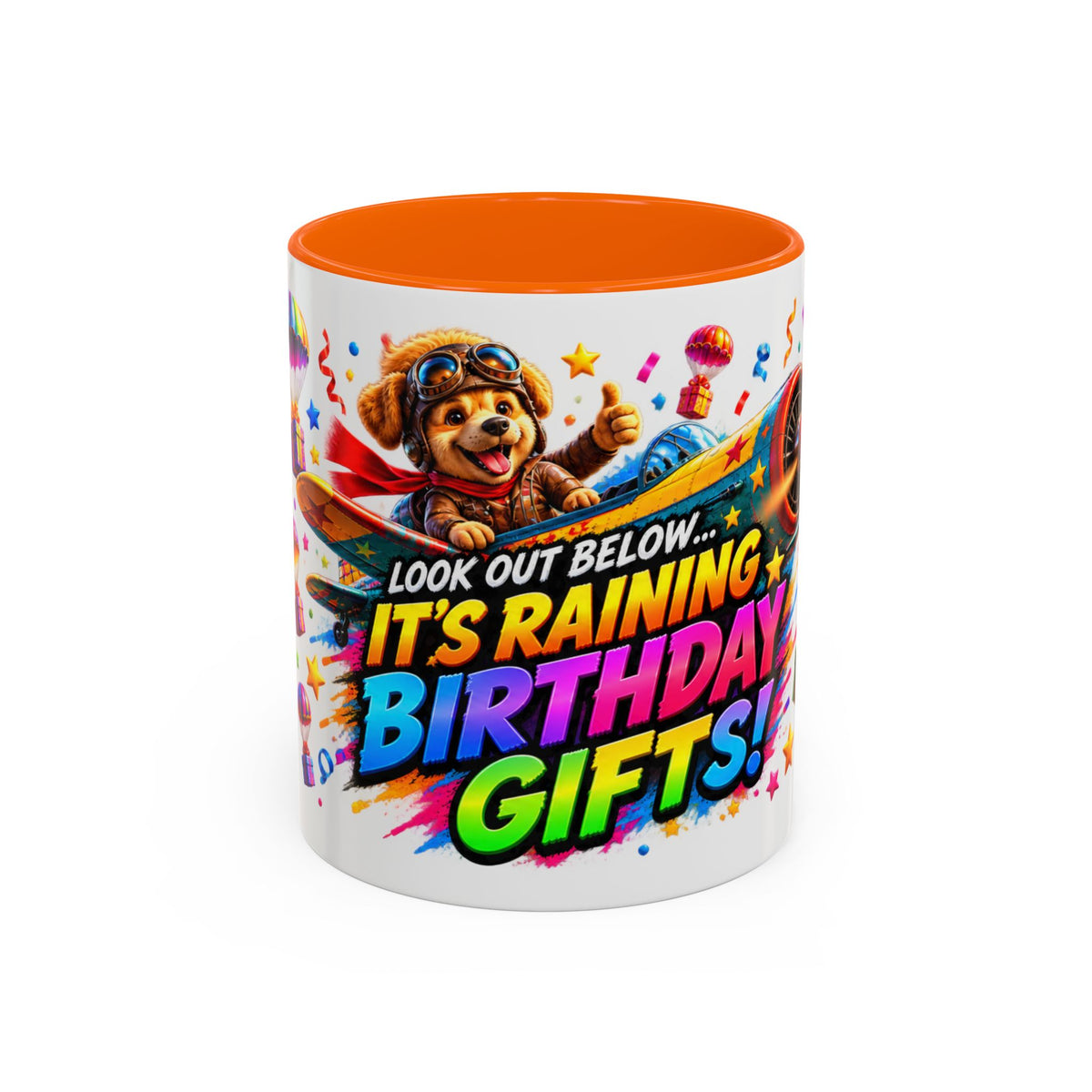 Birthday Gifts Coffee Mug — "It's Raining Birthday Gifts!" Colorful Accent Mug