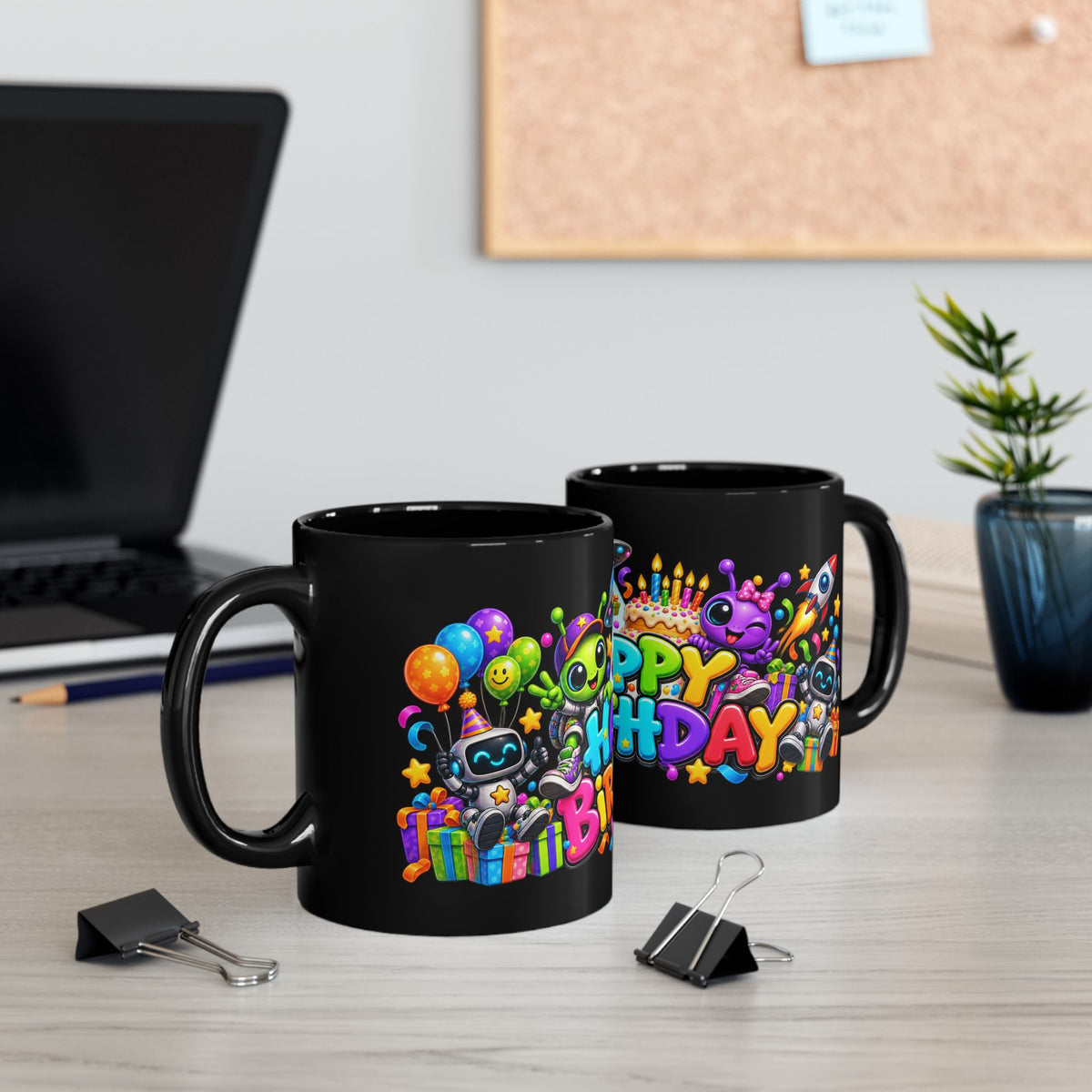 Happy Birthday Space Party Mug – Cute Aliens, Robots, UFO & Colorful 3D Birthday Design
