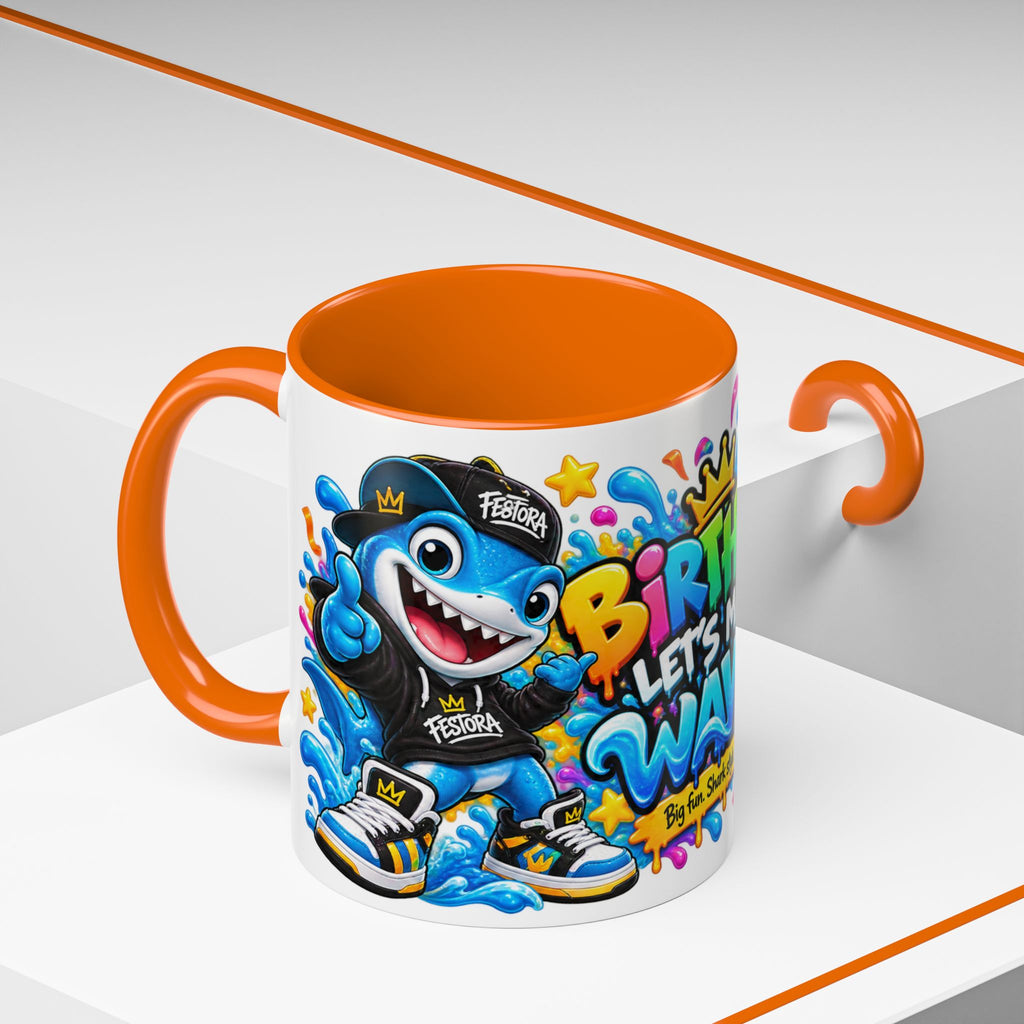 BIRTHDAY? LET’S MAKE WAVES! White Ceramic Mug – Funny Shark Birthday Coffee Cup – Original FestoraShop Design