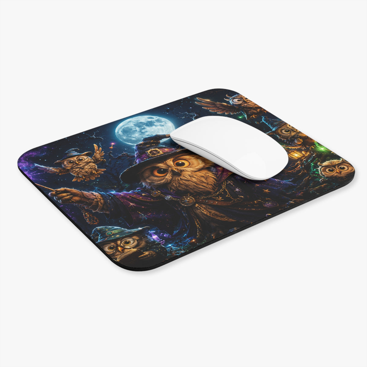 Witch Owl Night Rectangle Mouse Pad — Magical FullMoon Fantasy (9" x 8")