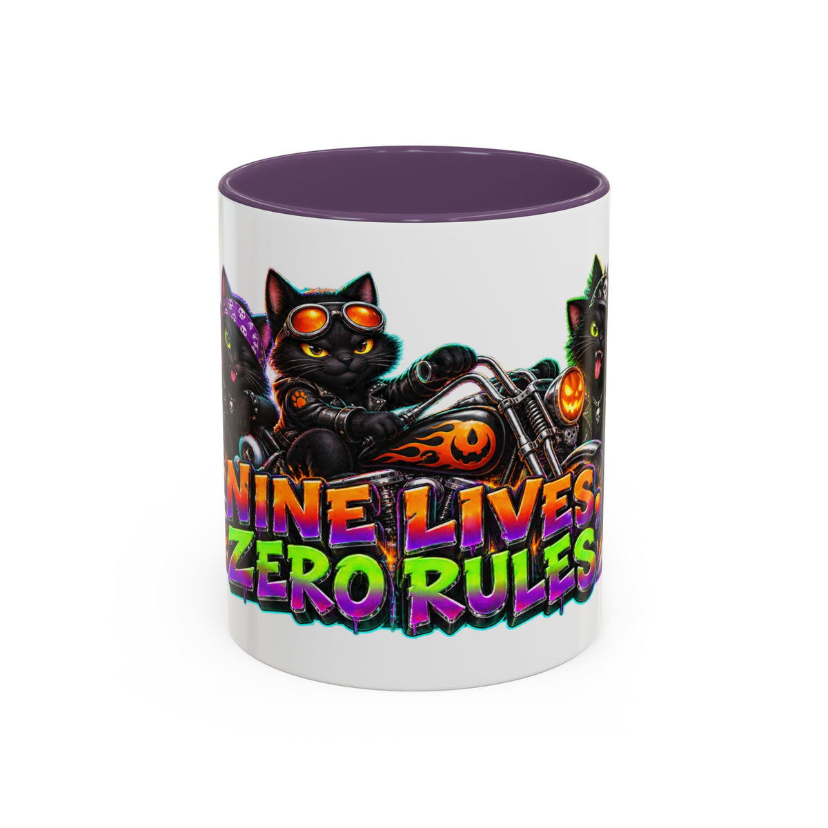 Nine Lives Zero Rules Biker Cats Halloween White Mug