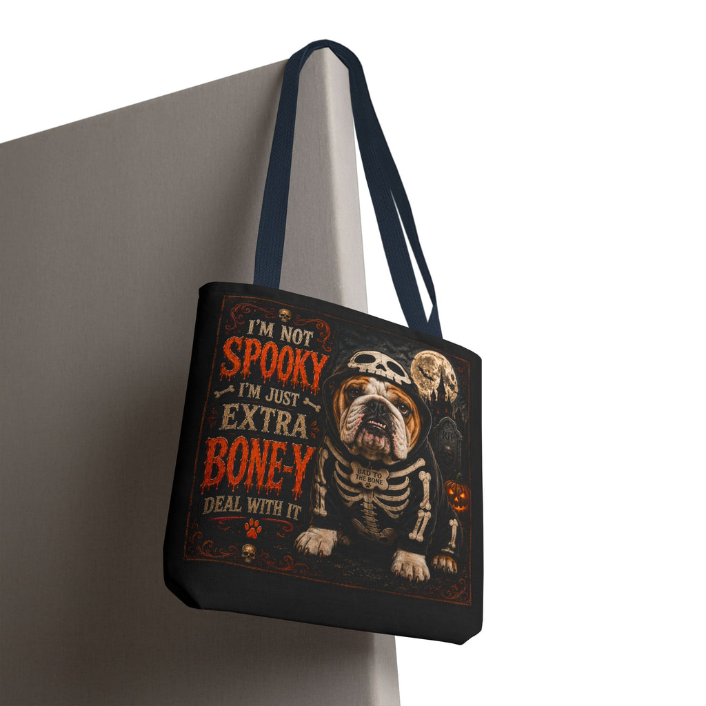 Halloween Bulldog Tote Bag – "I’m Not Spooky, I’m Just Extra Boney" All-Over Print
