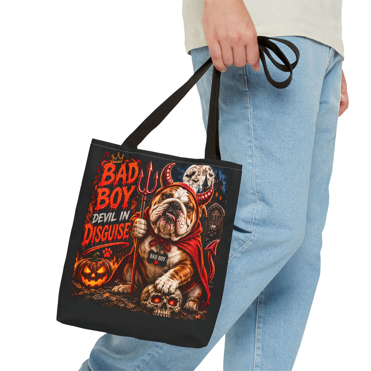 Halloween Bulldog Tote Bag – "Bad Boy Devil in Disguise" Gothic Pumpkin Skull Design