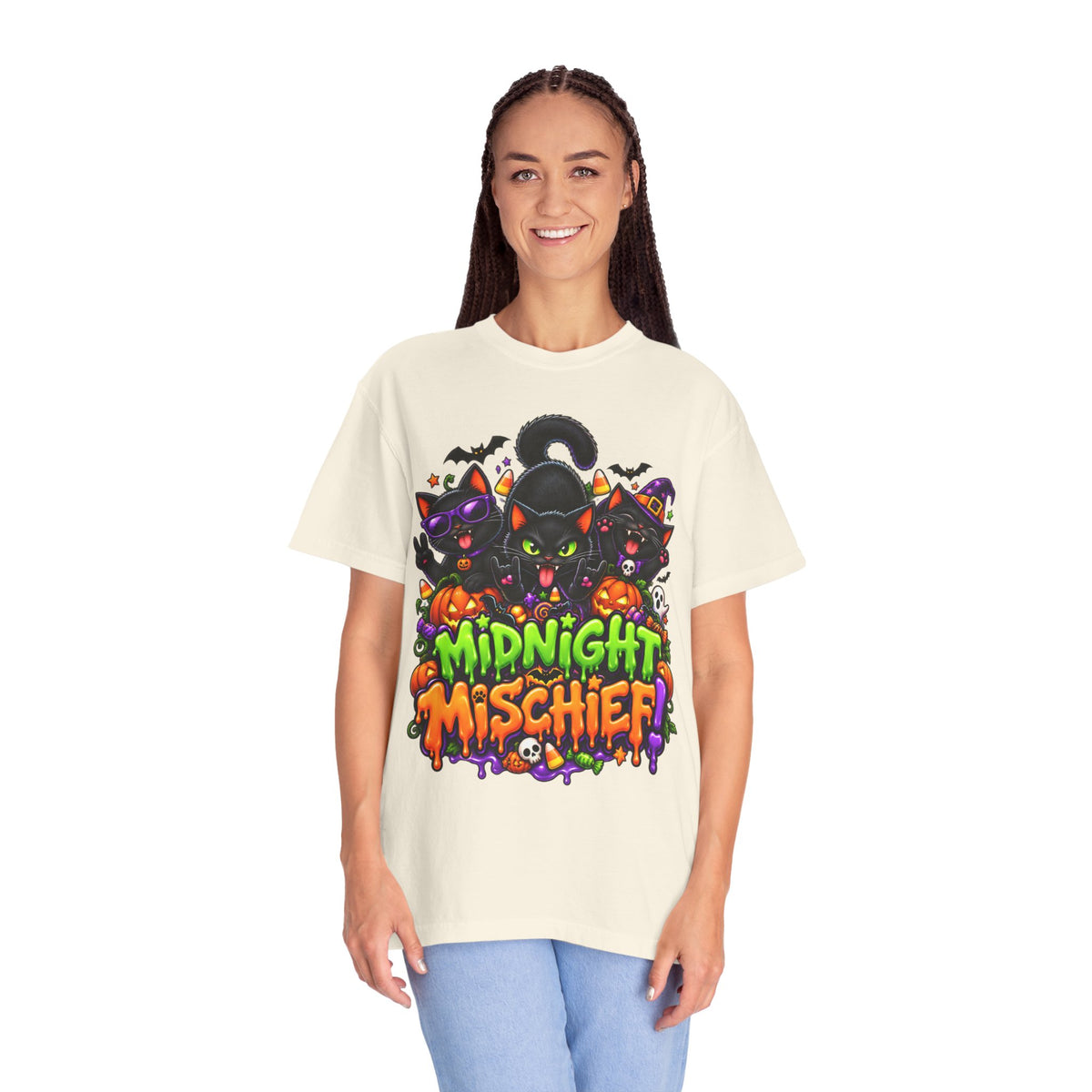 Midnight Mischief Halloween T-Shirt – Funny Black Cat Graphic Tee