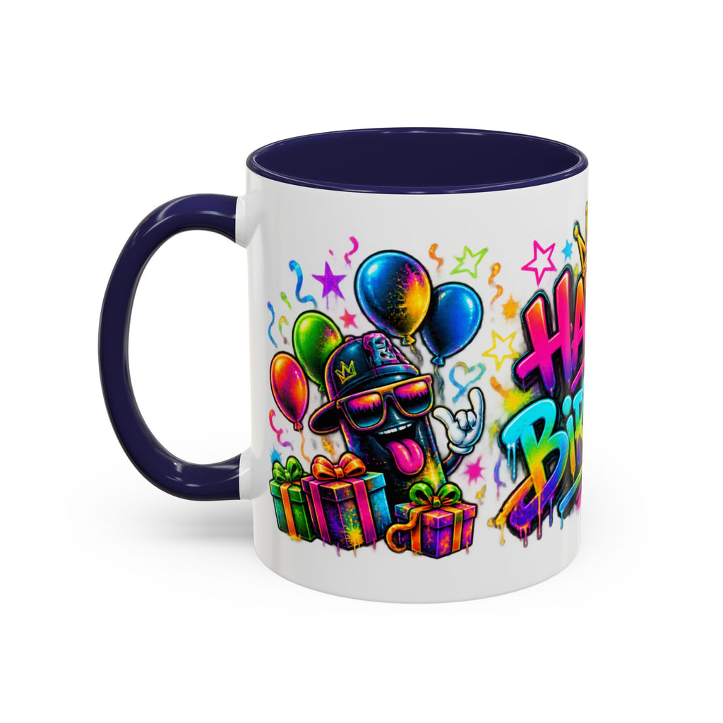 Happy Birthday Accent Coffee Mug – Colorful Graffiti Cake & Balloons (11/15oz)