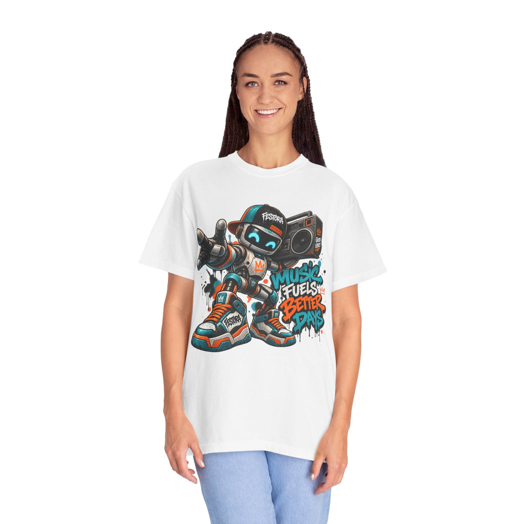 Music Fuels Better Days T-Shirt — Retro Robot Boombox Streetwear