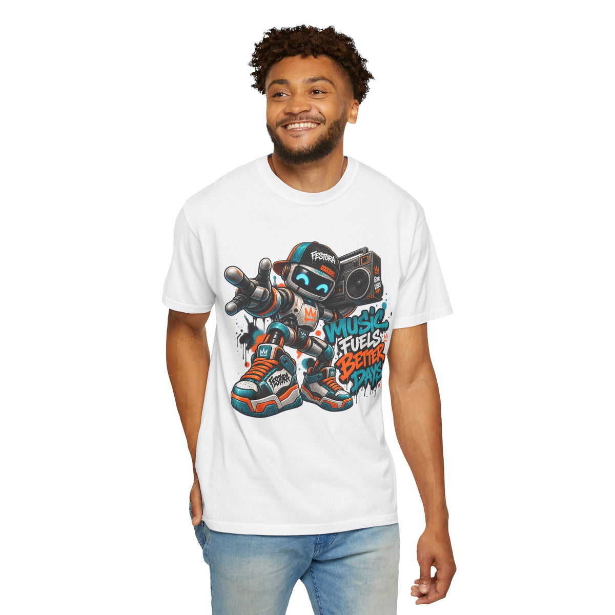 Music Fuels Better Days T-Shirt — Retro Robot Boombox Streetwear