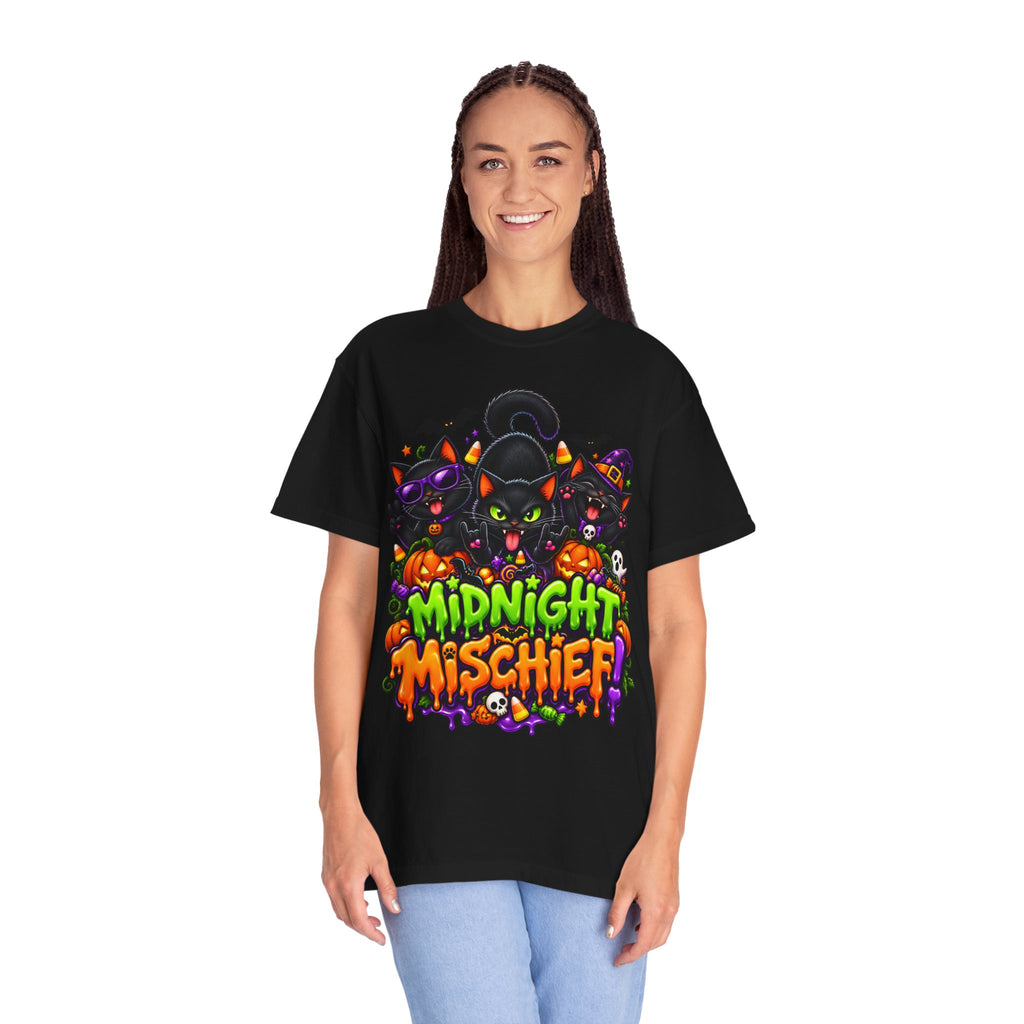 Midnight Mischief Halloween T-Shirt – Funny Black Cat Graphic Tee
