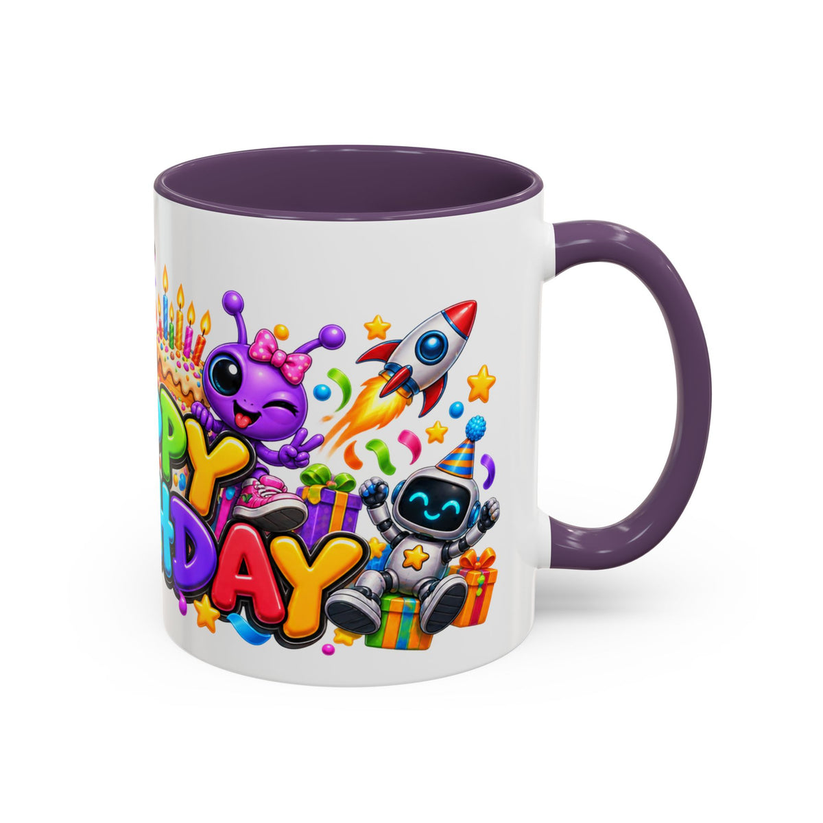 Happy Birthday Space Party Mug – Cute Aliens, Robots, UFO & Colorful 3D Birthday Design