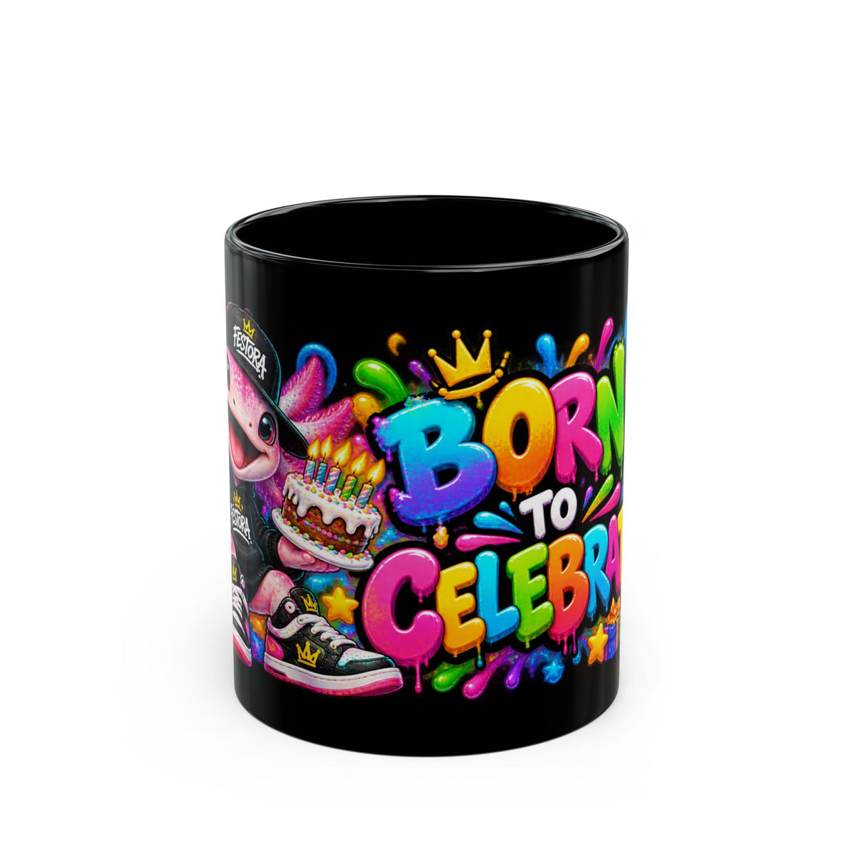BORN TO CELEBRATE! Black Ceramic Mug – Cute Axolotl Birthday Coffee Cup – Colorful Party Gift – Original FestoraShop Design