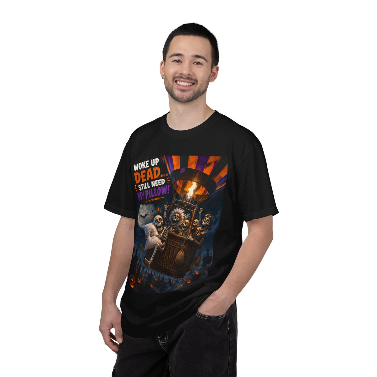 Halloween Skeleton Hot Air Balloon T-Shirt — "Woke Up Dead... Still Need My Pillow"