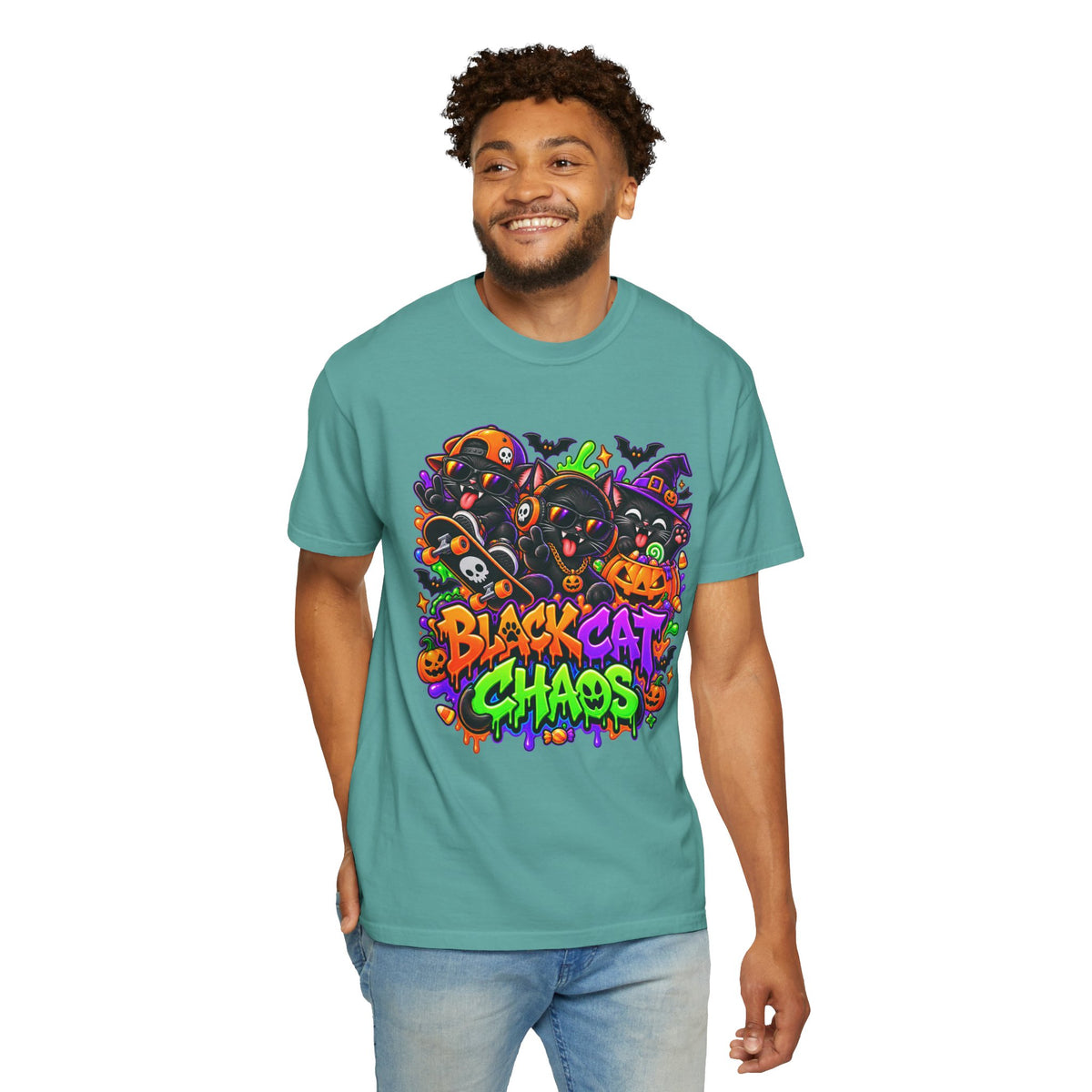 Neon Black Cat Halloween Chaos T-Shirt | Cute Spooky Cat Graphic Tee