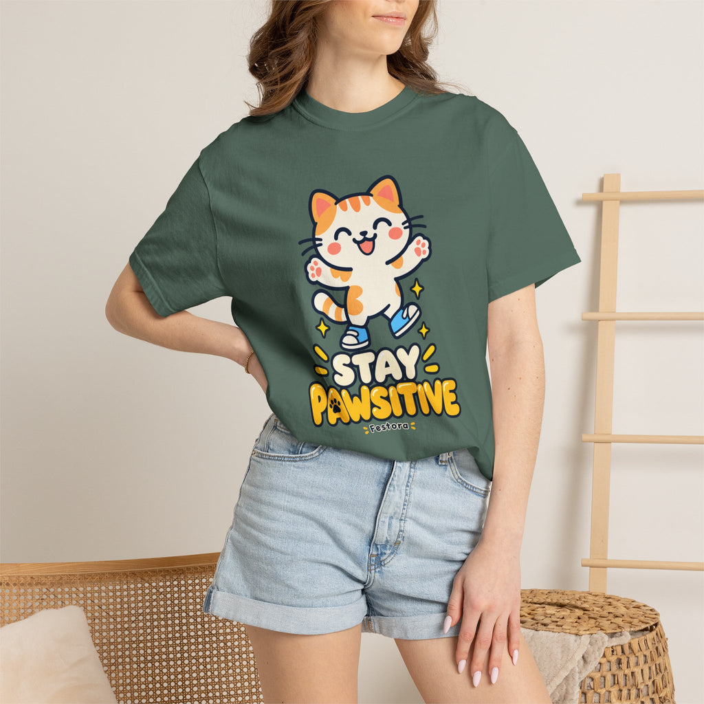 Stay Pawsitive – Cute Happy Cat Graphic T-Shirt