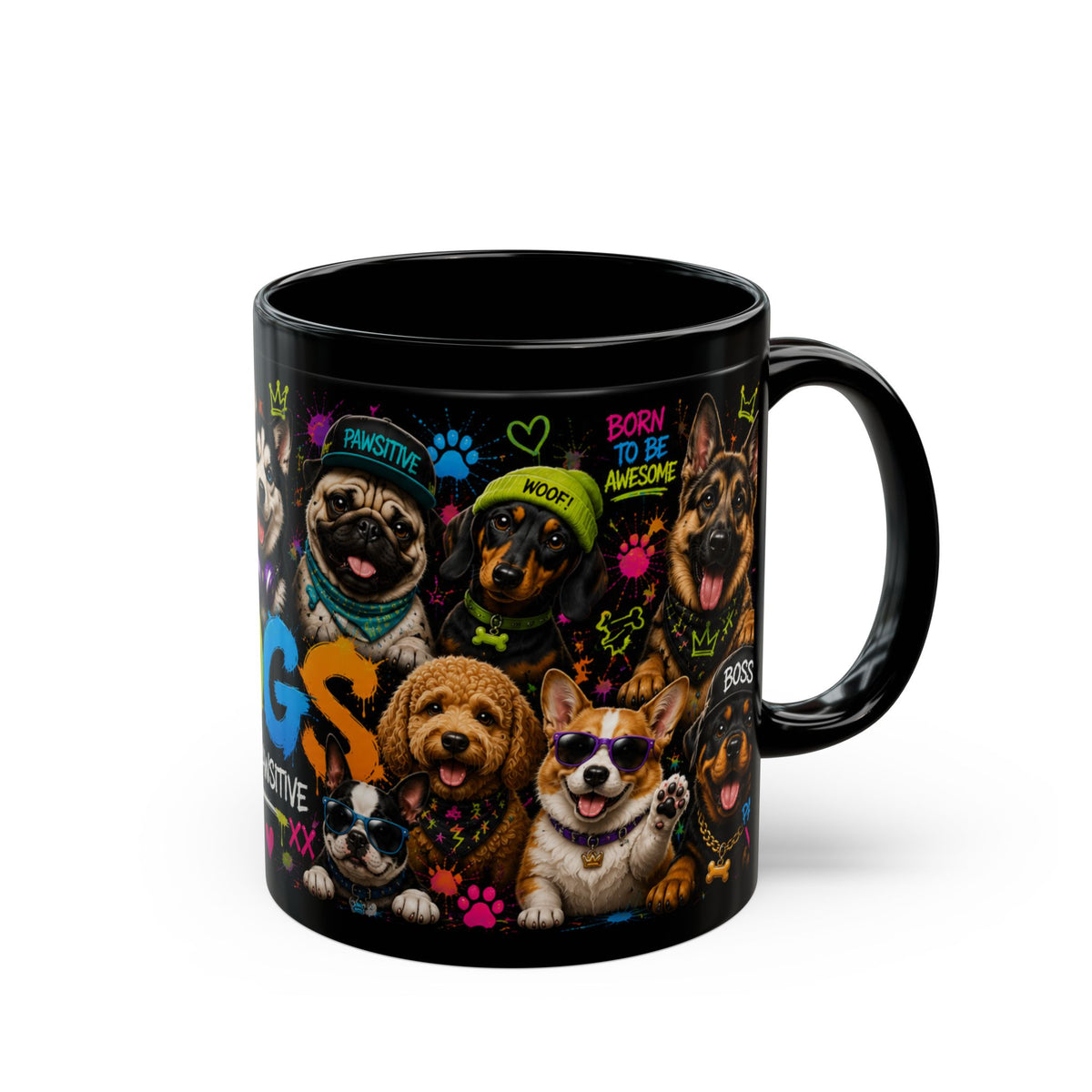 Dogs Stay Pawsitive Black Mug — Colorful Cute Dog Breeds Coffee Cup (11oz/15oz)