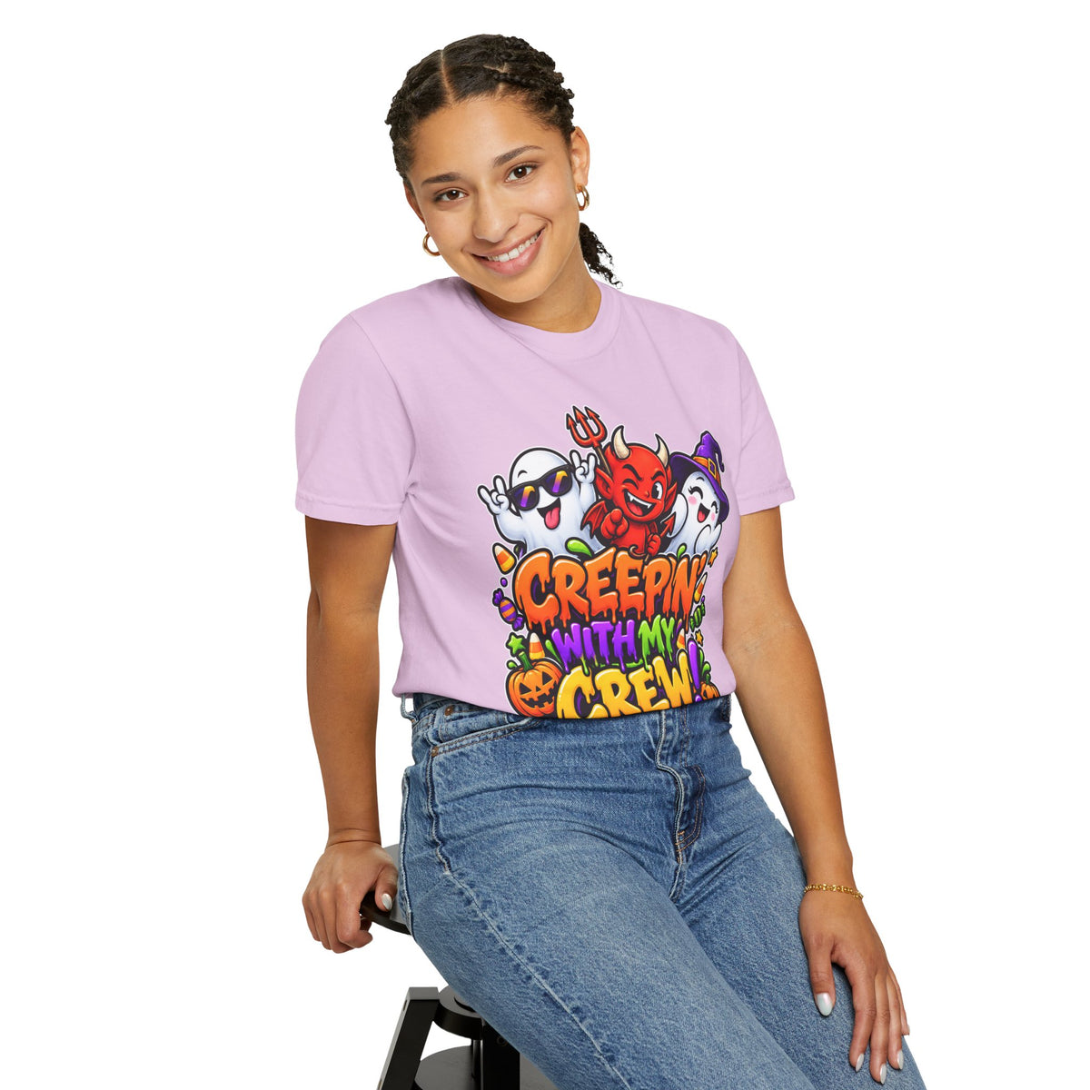 Creepin’ With My Crew Halloween T-Shirt – Colorful Funny Ghost & Devil Graphic Tee
