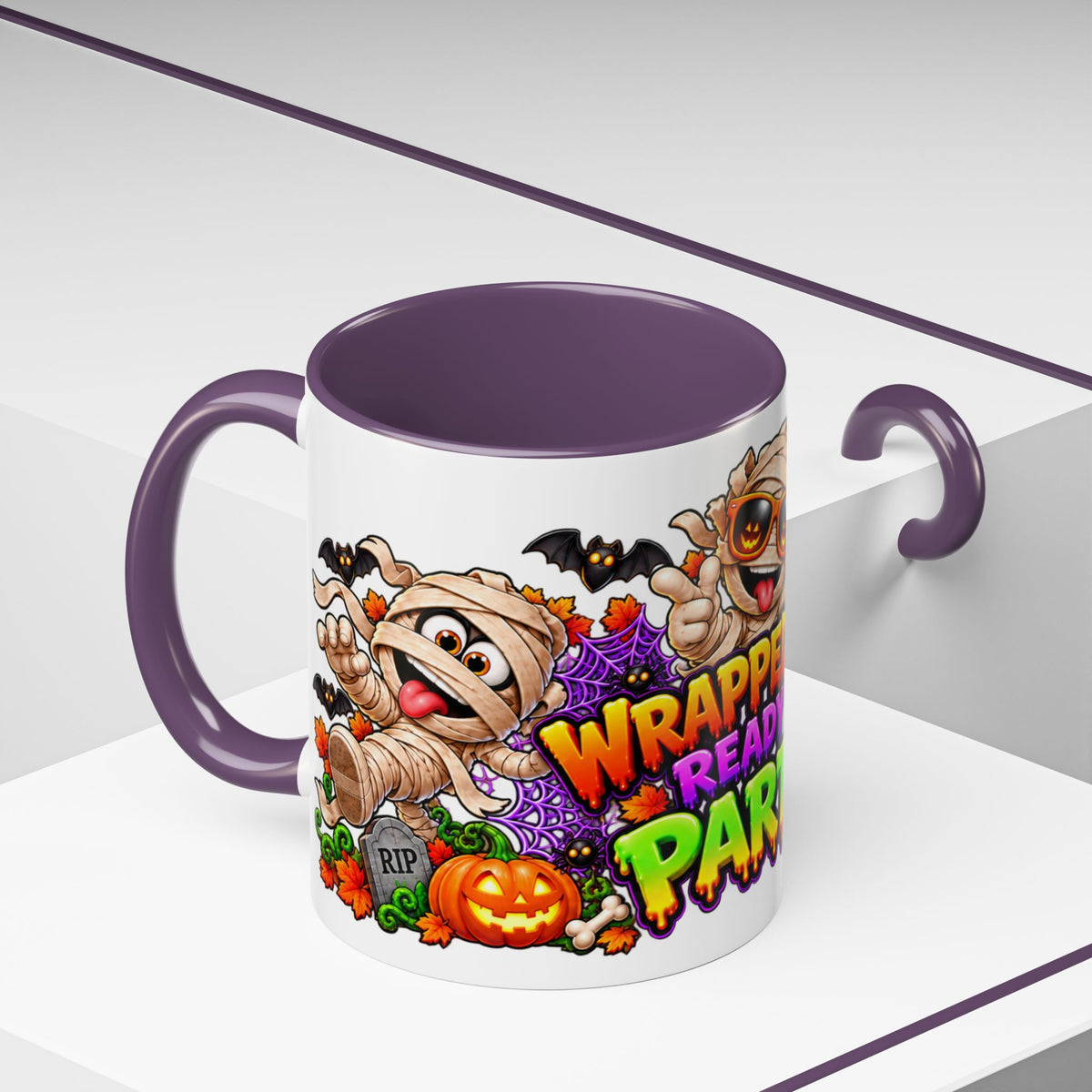 Wrapped Up & Ready to Party White Mug – Funny Mummies & Spooky Party Design